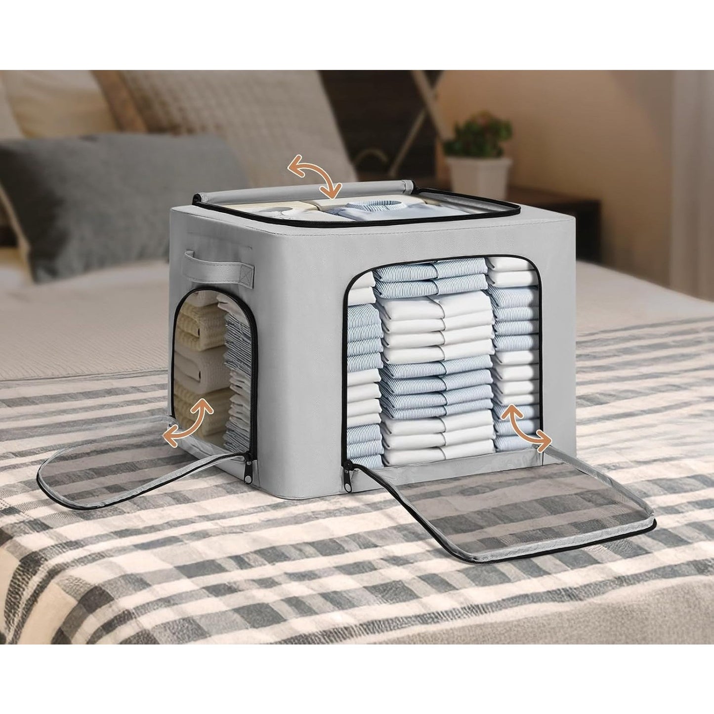 Cutie de Depozitare cu sigiliu, AngelBear, cu 3 Ferestre cu Fermoar Bidirectional, Cadru din Otel, Impermeabil, 38L, 42 x 30 x 30 cm, Gri