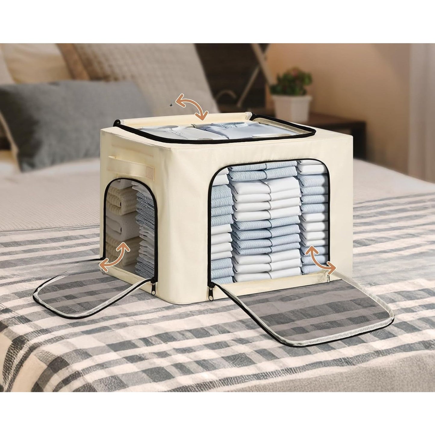 Cutie de Depozitare cu sigiliu, AngelBear, cu 3 Ferestre cu Fermoar Bidirectional, Cadru din Otel, Impermeabil, 38L, 42 x 30 x 30 cm, Bej