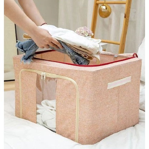 Cutie depozitare pliabila cu sigiliu, AngelBear, 66 L, din Bumbac si In, 33x40x50 cm, 2 Ferestre, Frontala si Laterala, 2 Usi de Acces cu Fermoar Bidirectional, Cadru Metalic, Suport Baza Stabil din Plastic, Roz Pudrat