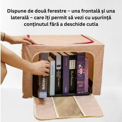 Cutie depozitare pliabila cu sigiliu, AngelBear, 66 L, din Bumbac si In, 33x40x50 cm, 2 Ferestre, Frontala si Laterala, 2 Usi de Acces cu Fermoar Bidirectional, Cadru Metalic, Suport Baza Stabil din Plastic, Roz Pudrat