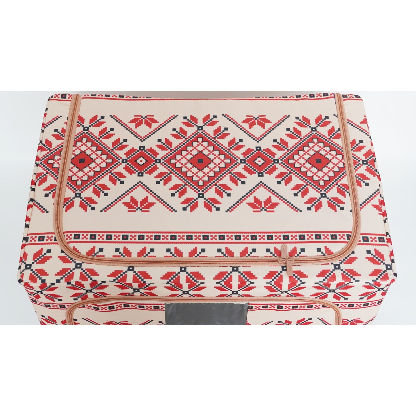 Cutie depozitare pliabila cu sigiliu, AngelBear,100 L din Bumbac si In, 60X42X40 cm, Fereastra Frontala, 2 Usi de Acces cu Fermoar Bidirectional, Cadru Metalic, Suport Baza Stabil din Plastic, Motiv Traditional Model 2