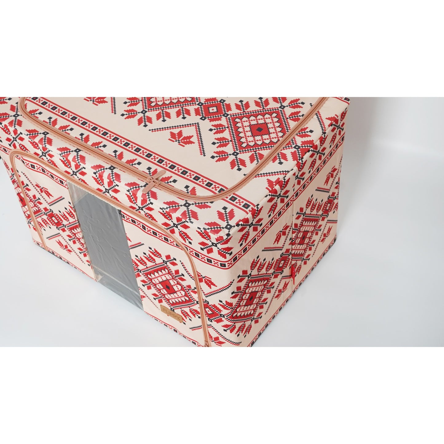 Cutie depozitare pliabila cu sigiliu, AngelBear,100 L din Bumbac si In, 60X42X40 cm, Fereastra Frontala, 2 Usi de Acces cu Fermoar Bidirectional, Cadru Metalic, Suport Baza Stabil din Plastic, Motiv Traditional Model 2