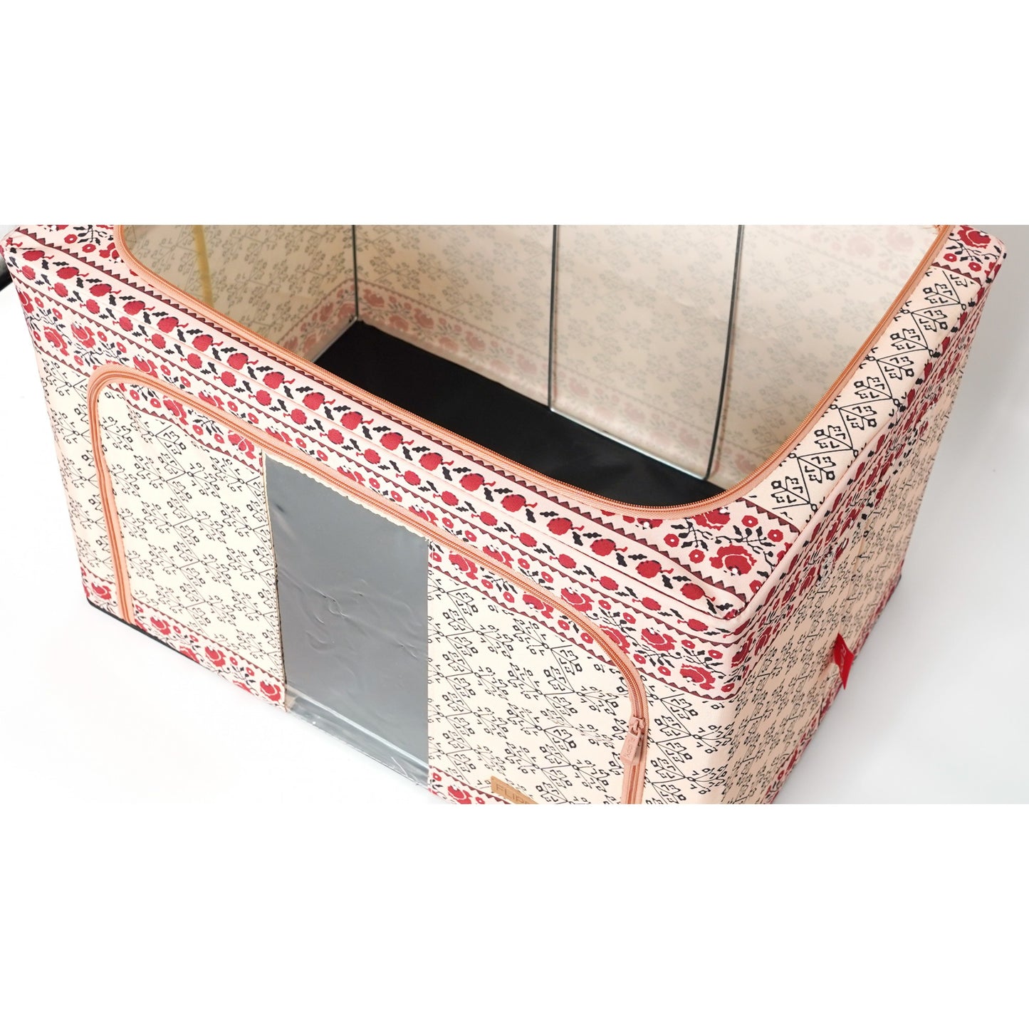 Cutie depozitare pliabila cu sigiliu, AngelBear,100 L din Bumbac si In, 60X42X40 cm, Fereastra Frontala, 2 Usi de Acces cu Fermoar Bidirectional, Cadru Metalic, Suport Baza Stabil din Plastic, Motiv Traditional Model 3