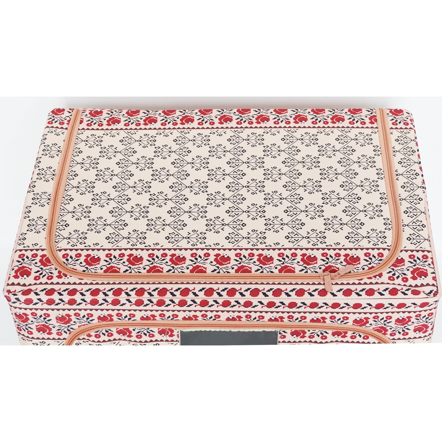 Cutie depozitare pliabila cu sigiliu, AngelBear,100 L din Bumbac si In, 60X42X40 cm, Fereastra Frontala, 2 Usi de Acces cu Fermoar Bidirectional, Cadru Metalic, Suport Baza Stabil din Plastic, Motiv Traditional Model 3