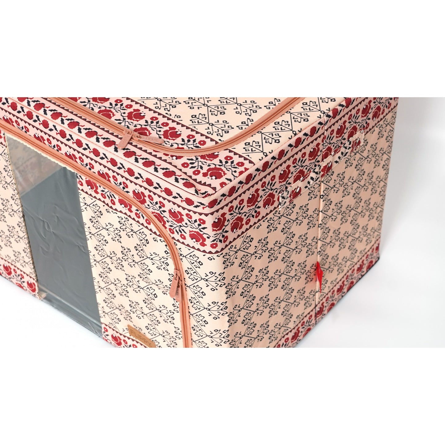 Cutie depozitare pliabila cu sigiliu, AngelBear,100 L din Bumbac si In, 60X42X40 cm, Fereastra Frontala, 2 Usi de Acces cu Fermoar Bidirectional, Cadru Metalic, Suport Baza Stabil din Plastic, Motiv Traditional Model 3