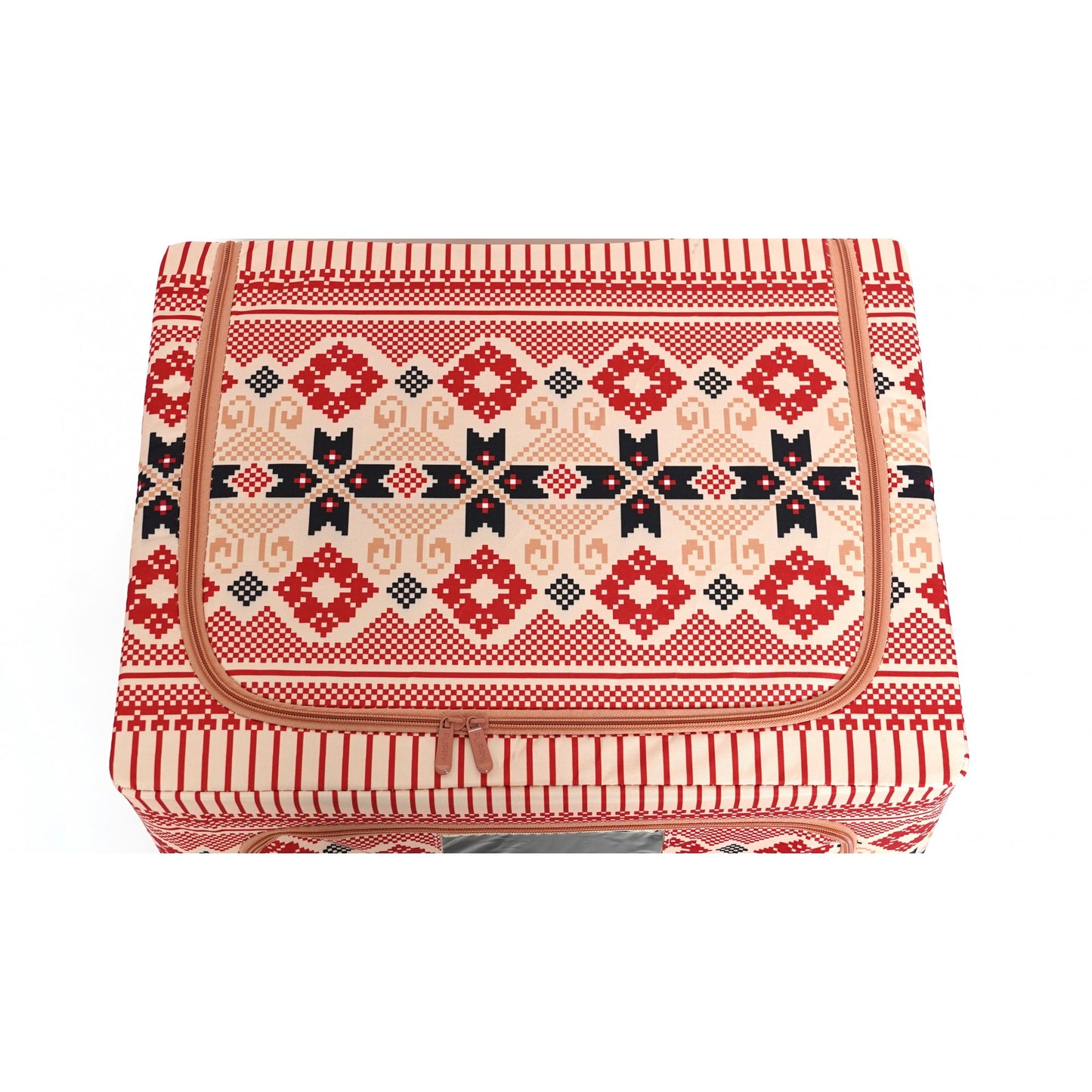 Cutie depozitare pliabila cu sigiliu, AngelBear,100 L din Bumbac si In, 60X42X40 cm, Fereastra Frontala, 2 Usi de Acces cu Fermoar Bidirectional, Cadru Metalic, Suport Baza Stabil din Plastic, Motiv Traditional Model 1