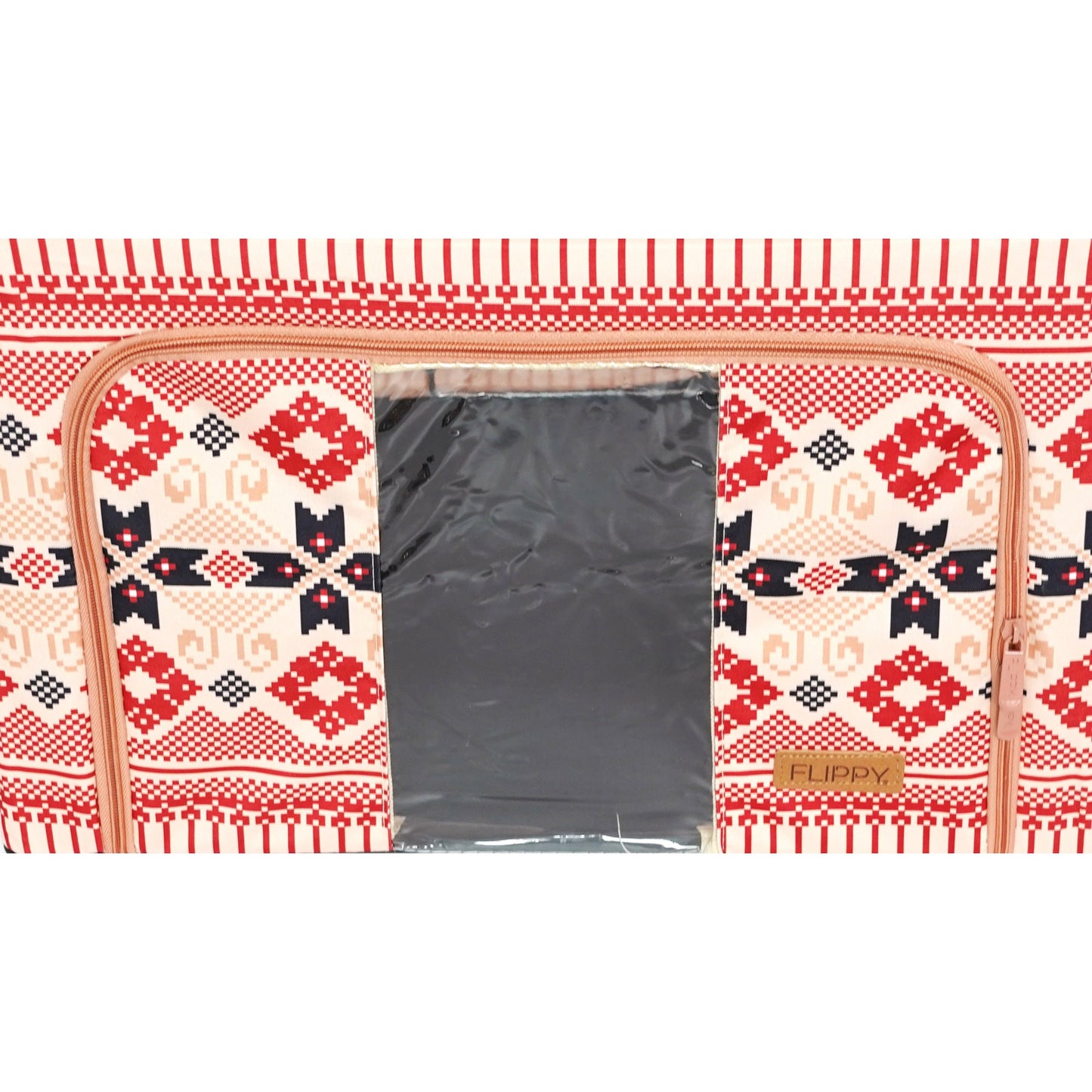 Cutie depozitare pliabila cu sigiliu, AngelBear,100 L din Bumbac si In, 60X42X40 cm, Fereastra Frontala, 2 Usi de Acces cu Fermoar Bidirectional, Cadru Metalic, Suport Baza Stabil din Plastic, Motiv Traditional Model 1
