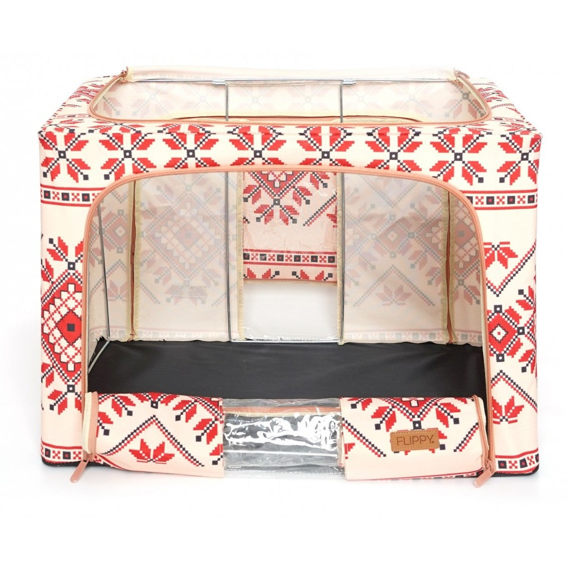 Cutie depozitare pliabila cu sigiliu, AngelBear,100 L din Bumbac si In, 60X42X40 cm, Fereastra Frontala, 2 Usi de Acces cu Fermoar Bidirectional, Cadru Metalic, Suport Baza Stabil din Plastic, Motiv Traditional Model 2