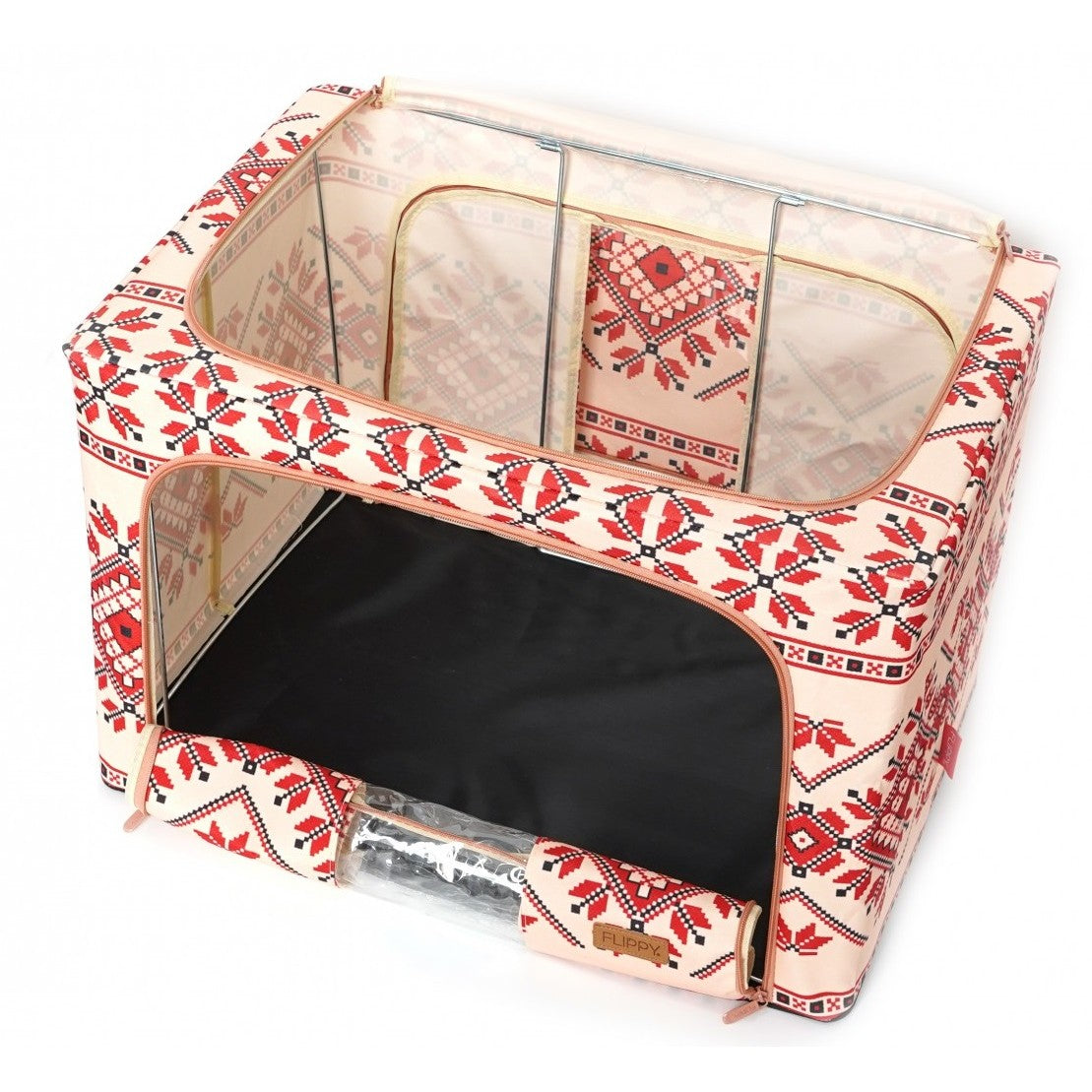 Cutie depozitare pliabila cu sigiliu, AngelBear,100 L din Bumbac si In, 60X42X40 cm, Fereastra Frontala, 2 Usi de Acces cu Fermoar Bidirectional, Cadru Metalic, Suport Baza Stabil din Plastic, Motiv Traditional Model 2