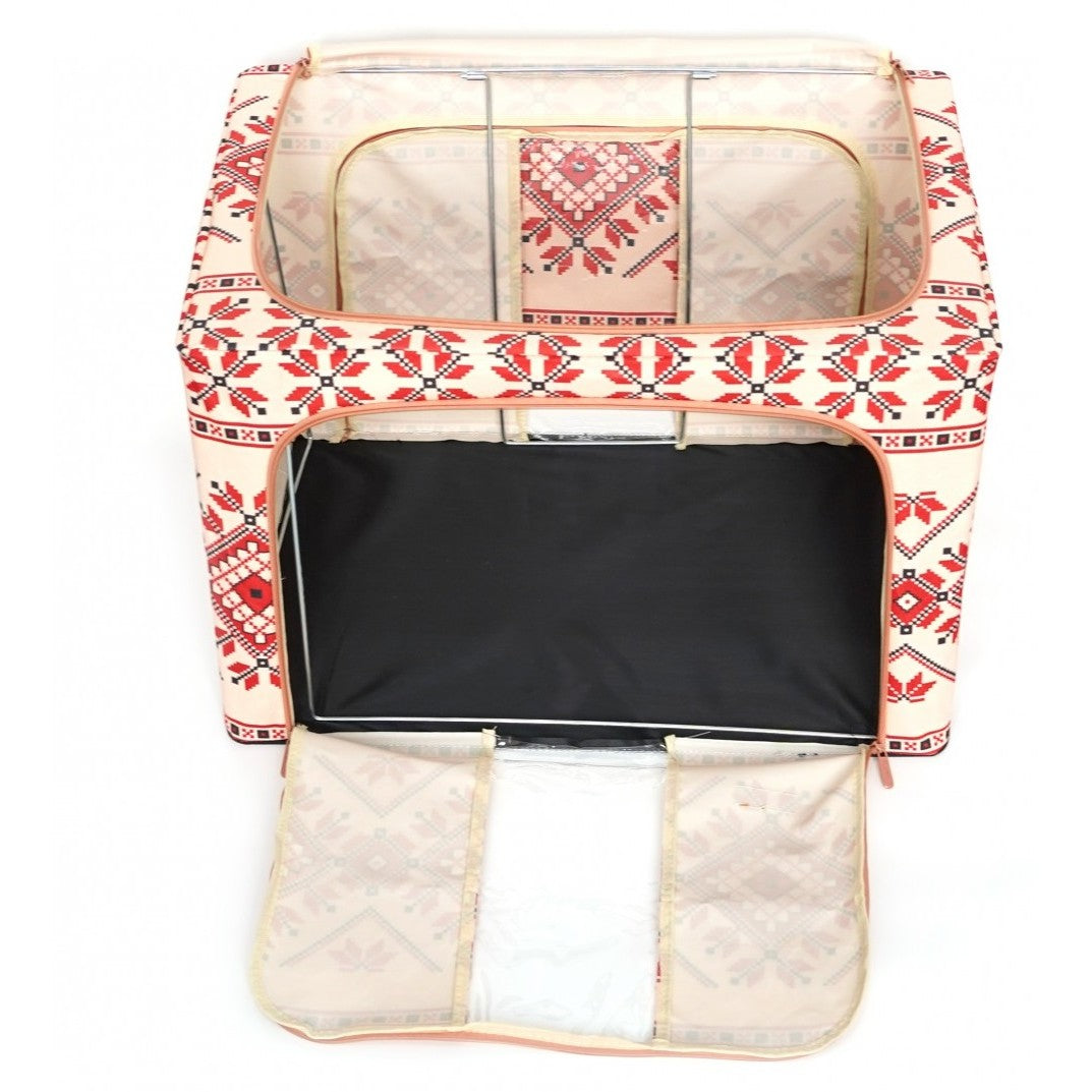 Cutie depozitare pliabila cu sigiliu, AngelBear,100 L din Bumbac si In, 60X42X40 cm, Fereastra Frontala, 2 Usi de Acces cu Fermoar Bidirectional, Cadru Metalic, Suport Baza Stabil din Plastic, Motiv Traditional Model 2