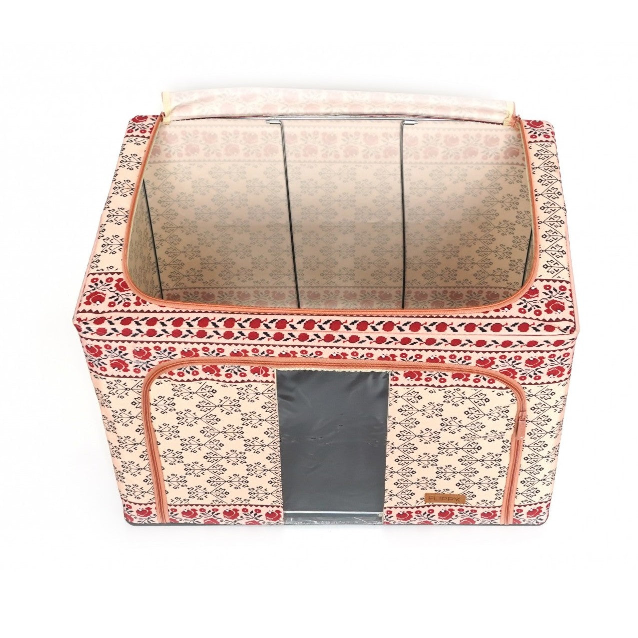 Cutie depozitare pliabila cu sigiliu, AngelBear,100 L din Bumbac si In, 60X42X40 cm, Fereastra Frontala, 2 Usi de Acces cu Fermoar Bidirectional, Cadru Metalic, Suport Baza Stabil din Plastic, Motiv Traditional Model 3
