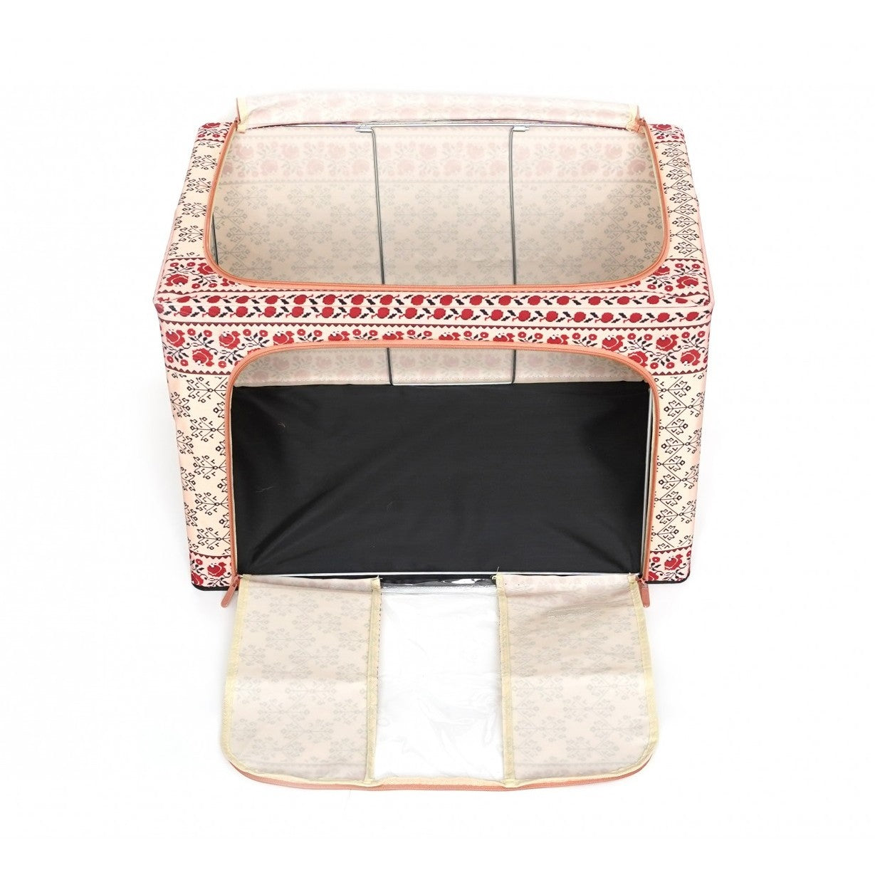 Cutie depozitare pliabila cu sigiliu, AngelBear,100 L din Bumbac si In, 60X42X40 cm, Fereastra Frontala, 2 Usi de Acces cu Fermoar Bidirectional, Cadru Metalic, Suport Baza Stabil din Plastic, Motiv Traditional Model 3