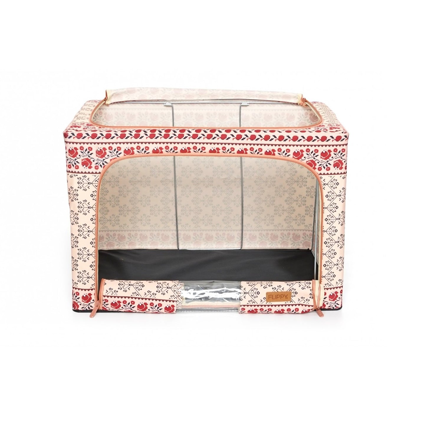 Cutie depozitare pliabila cu sigiliu, AngelBear,100 L din Bumbac si In, 60X42X40 cm, Fereastra Frontala, 2 Usi de Acces cu Fermoar Bidirectional, Cadru Metalic, Suport Baza Stabil din Plastic, Motiv Traditional Model 3