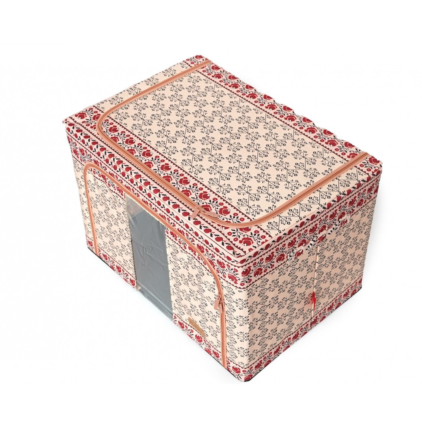 Cutie depozitare pliabila cu sigiliu, AngelBear,100 L din Bumbac si In, 60X42X40 cm, Fereastra Frontala, 2 Usi de Acces cu Fermoar Bidirectional, Cadru Metalic, Suport Baza Stabil din Plastic, Motiv Traditional Model 3