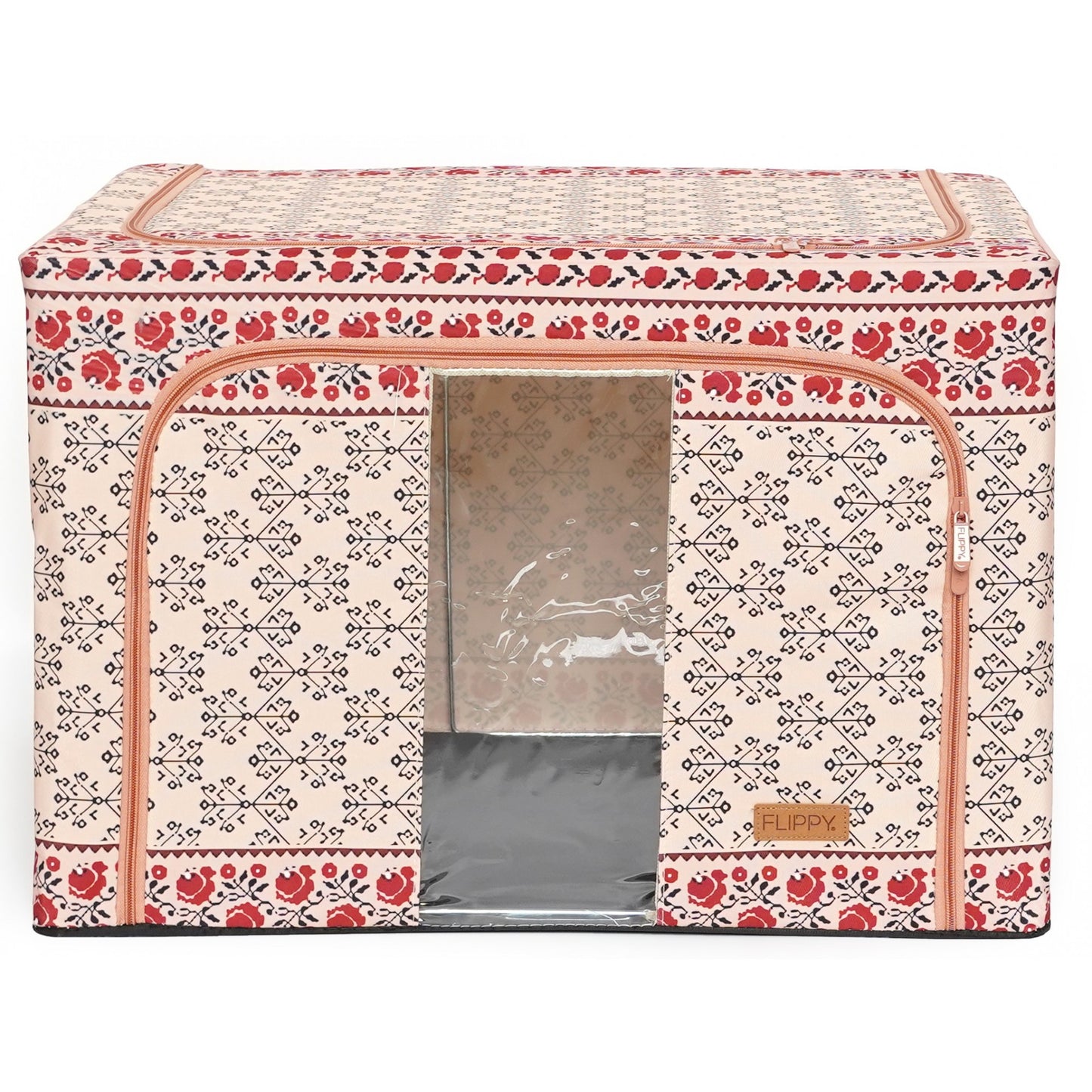 Cutie depozitare pliabila cu sigiliu, AngelBear,100 L din Bumbac si In, 60X42X40 cm, Fereastra Frontala, 2 Usi de Acces cu Fermoar Bidirectional, Cadru Metalic, Suport Baza Stabil din Plastic, Motiv Traditional Model 3