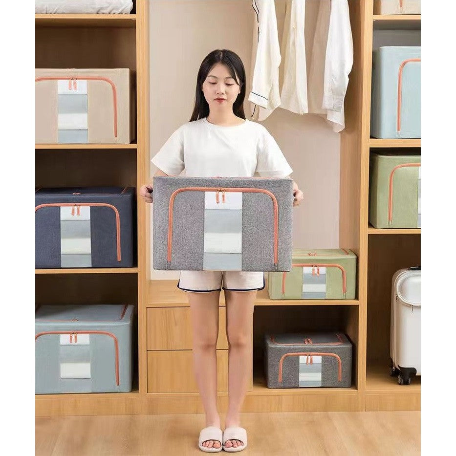 Cutie depozitare pliabila cu sigiliu, AngelBear, 24 L, din Bumbac si In, 40x30x20 cm, Fereastra Frontala, 2 Usi de Acces cu Fermoar Bidirectional, Cadru Metalic, Suport Baza Stabil din Plastic, Gri