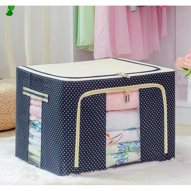 Cutie depozitare pliabila cu sigiliu, AngelBear, 24 L, Panza Oxford, 40x30x20 cm, Fereastra Frontala, 2 Usi de Acces cu Fermoar Bidirectional, Cadru Metalic, Suport Baza Stabil din Plastic, Imprimeu buline, Albastru Marin