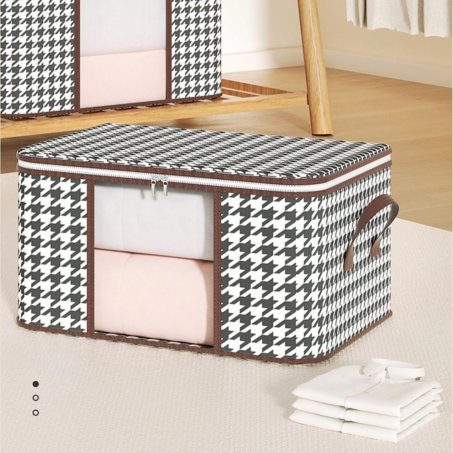 Cutie depozitare pliabila cu sigiliu, AngelBear, 55x35x25 cm, 50 L, Fereastra Frontala, cu Fermoar Bidirectional, Suport Baza Stabil, Imprimeu in Carouri, Alb/Negru