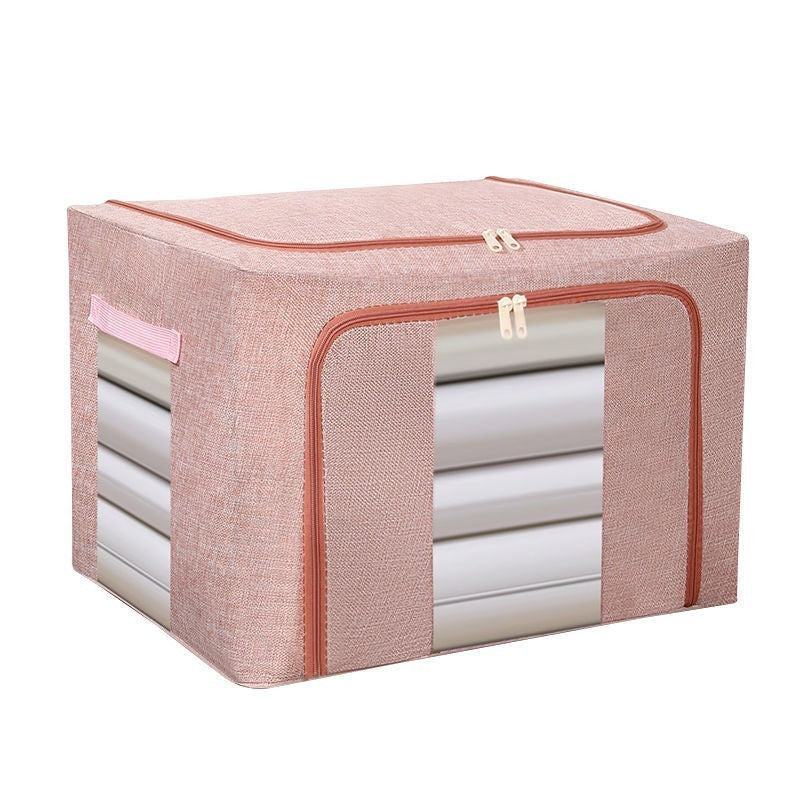 Cutie depozitare pliabila cu sigiliu, AngelBear, 66 L, din Bumbac si In, 50x40x33 cm, 2 Ferestre, Frontala si Laterala, 2 Usi de Acces cu Fermoar Bidirectional, Cadru Metalic, Suport Baza Stabil din Plastic, Roz Pudrat