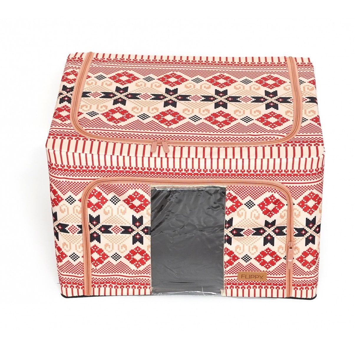 Cutie depozitare pliabila cu sigiliu, AngelBear, 66 L din Bumbac si In, 52 x 42 x 39 cm, Fereastra Frontala, 2 Usi de Acces cu Fermoar Bidirectional, Cadru Metalic, Suport Baza Stabil din Plastic, Motiv Traditional Model 5