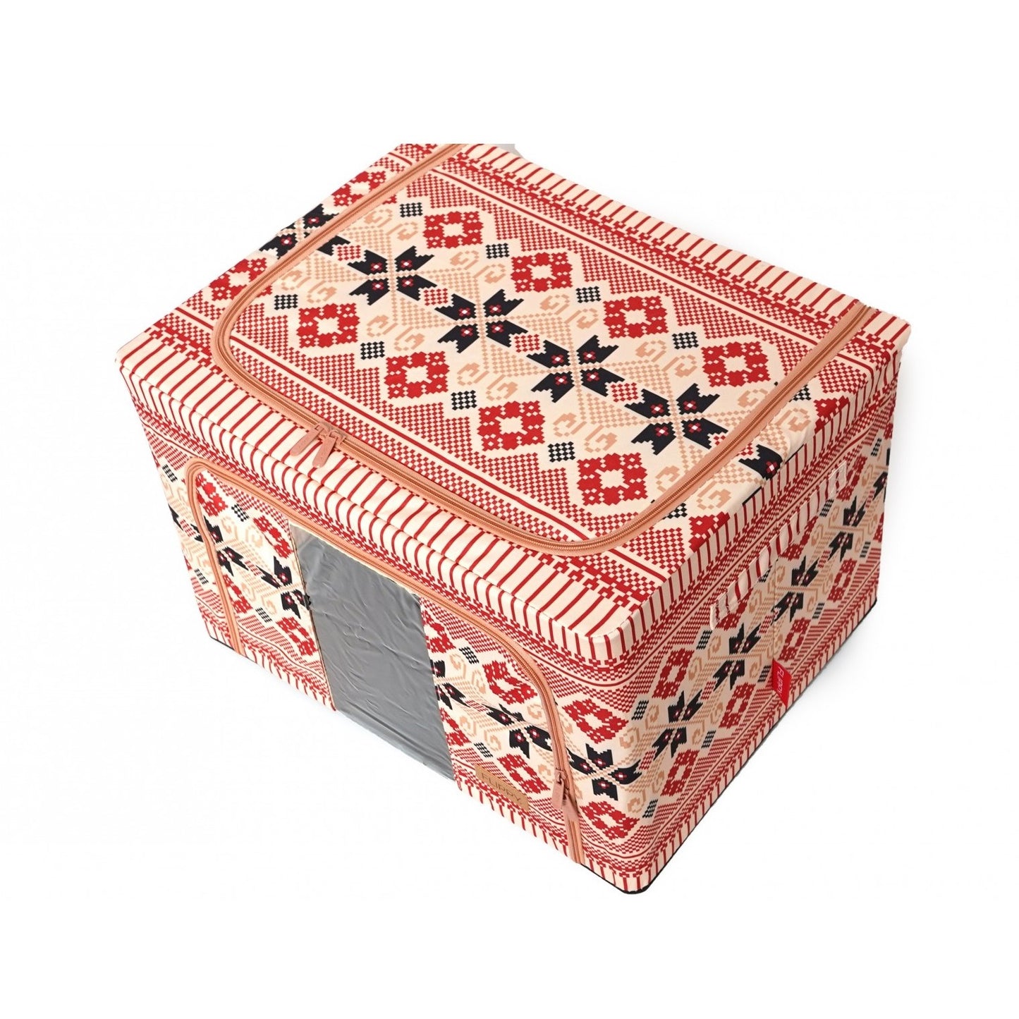 Cutie depozitare pliabila cu sigiliu, AngelBear, 66 L din Bumbac si In, 52 x 42 x 39 cm, Fereastra Frontala, 2 Usi de Acces cu Fermoar Bidirectional, Cadru Metalic, Suport Baza Stabil din Plastic, Motiv Traditional Model 5