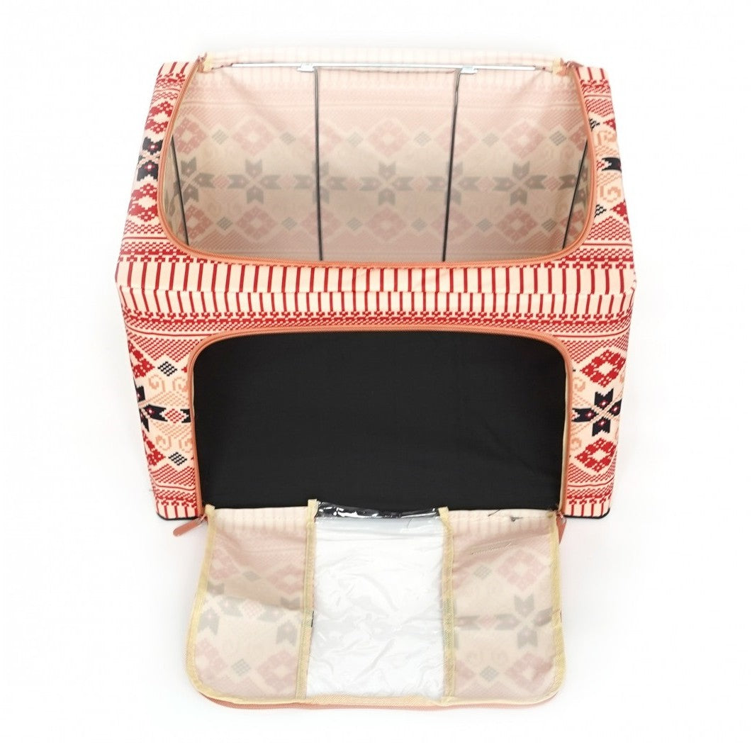 Cutie depozitare pliabila cu sigiliu, AngelBear, 66 L din Bumbac si In, 52 x 42 x 39 cm, Fereastra Frontala, 2 Usi de Acces cu Fermoar Bidirectional, Cadru Metalic, Suport Baza Stabil din Plastic, Motiv Traditional Model 5