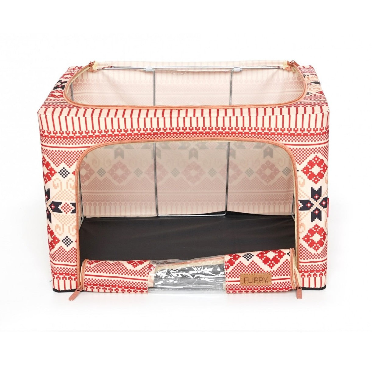 Cutie depozitare pliabila cu sigiliu, AngelBear, 66 L din Bumbac si In, 52 x 42 x 39 cm, Fereastra Frontala, 2 Usi de Acces cu Fermoar Bidirectional, Cadru Metalic, Suport Baza Stabil din Plastic, Motiv Traditional Model 5