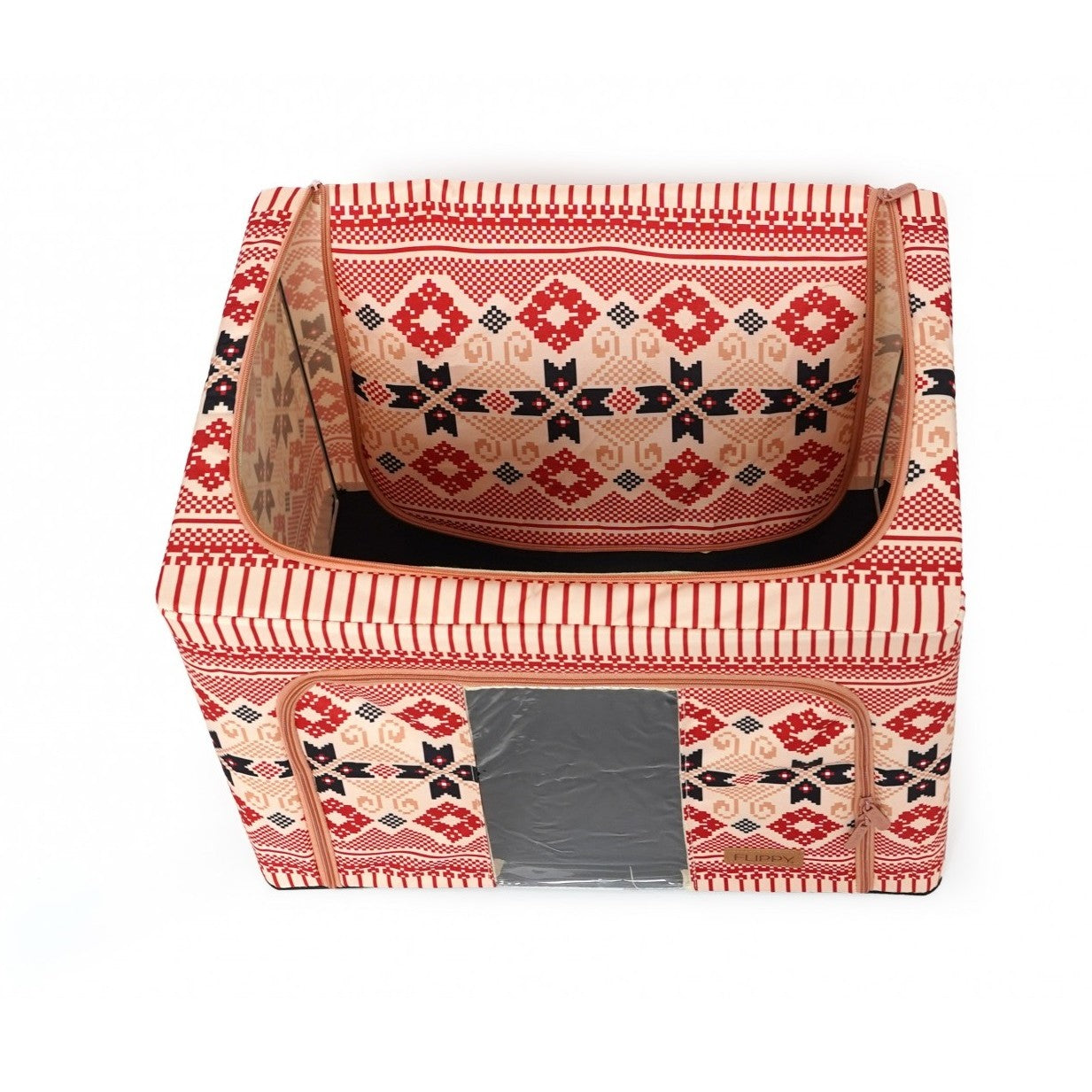 Cutie depozitare pliabila cu sigiliu, AngelBear, 66 L din Bumbac si In, 52 x 42 x 39 cm, Fereastra Frontala, 2 Usi de Acces cu Fermoar Bidirectional, Cadru Metalic, Suport Baza Stabil din Plastic, Motiv Traditional Model 5