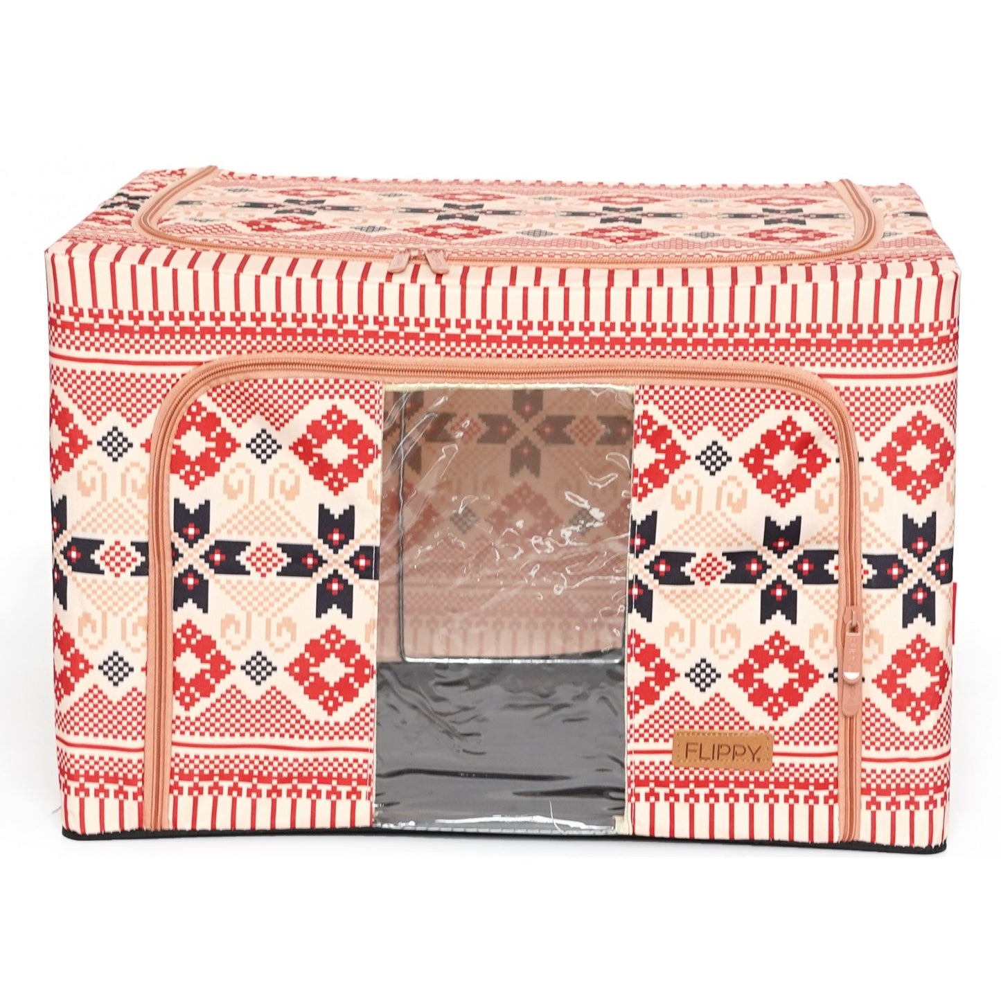 Cutie depozitare pliabila cu sigiliu, AngelBear, 66 L din Bumbac si In, 52 x 42 x 39 cm, Fereastra Frontala, 2 Usi de Acces cu Fermoar Bidirectional, Cadru Metalic, Suport Baza Stabil din Plastic, Motiv Traditional Model 5