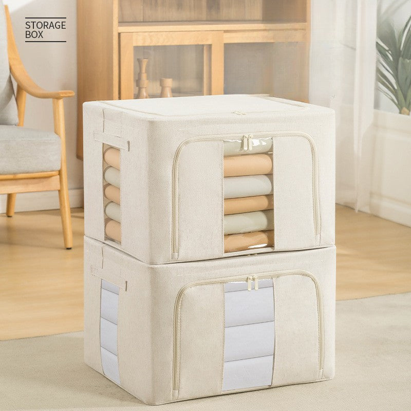 Cutie depozitare pliabila cu sigiliu, AngelBear, Cu Fereastra si Fermoar Dublu, 66 L, Textil Premium, 50x40x33 cm, Cadru Metalic, Impermeabila, Bej