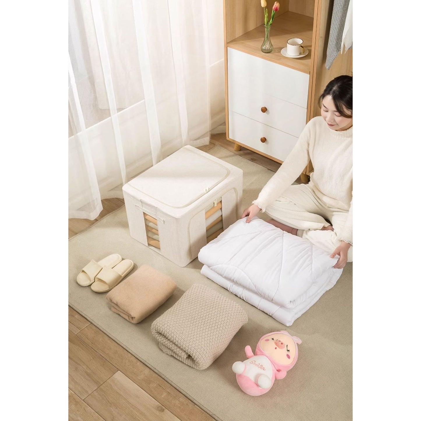 Cutie depozitare pliabila cu sigiliu, AngelBear, Cu Fereastra si Fermoar Dublu, 66 L, Textil Premium, 50x40x33 cm, Cadru Metalic, Impermeabila, Bej