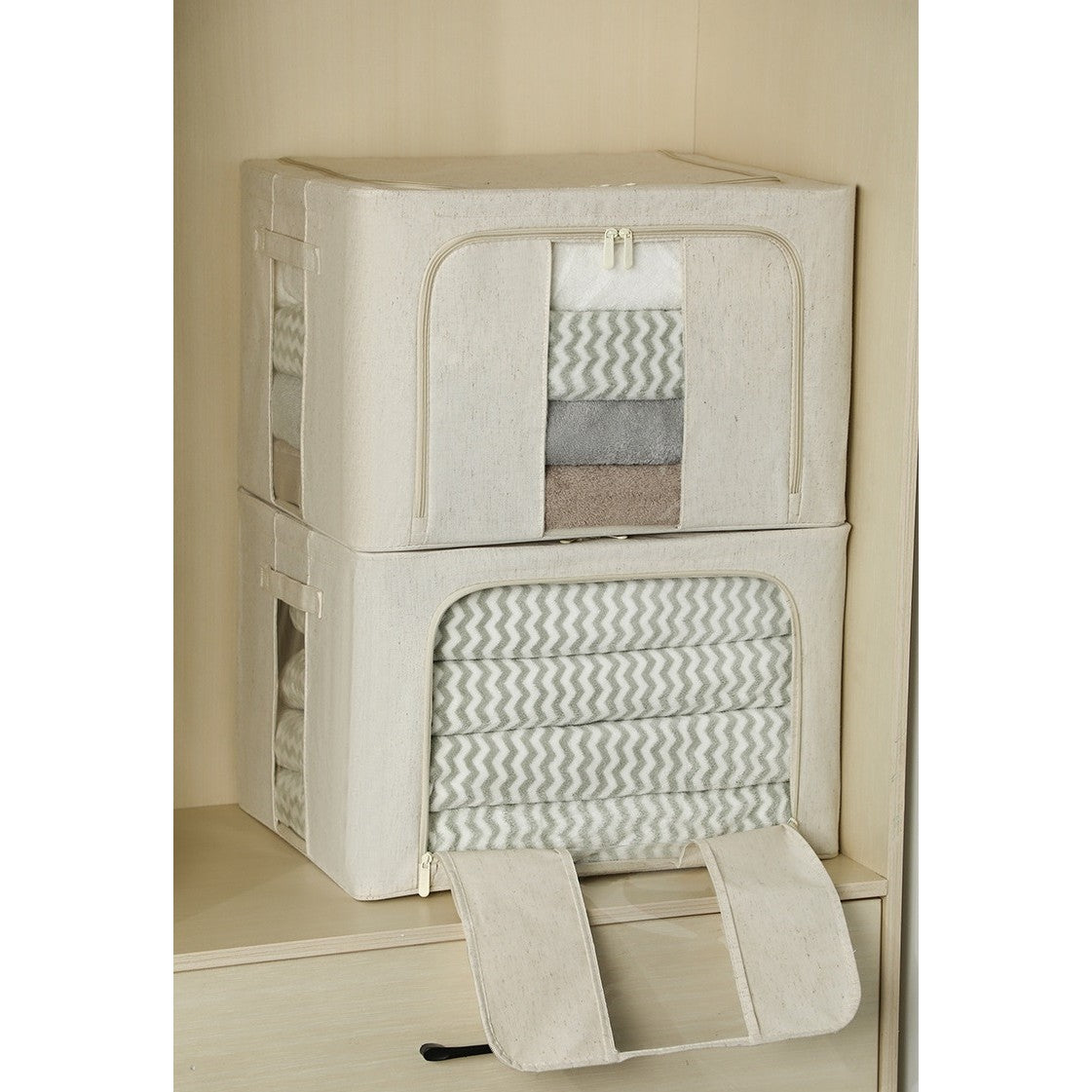 Cutie depozitare pliabila cu sigiliu, AngelBear, Cu Fereastra si Fermoar Dublu, 66 L, Textil Premium, 50x40x33 cm, Cadru Metalic, Impermeabila, Alb Texturat