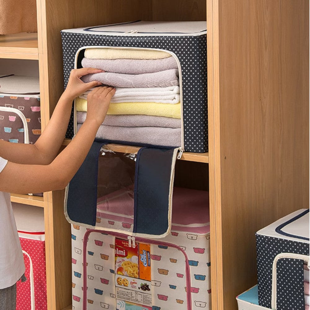 Cutie depozitare pliabila cu sigiliu, AngelBear, Cu Fermoar, 100 L, Textil, 60x42x40 cm, Albastru Marin, Cadru Metalic, Suport Baza Stabil din Plastic, Imprimeu buline