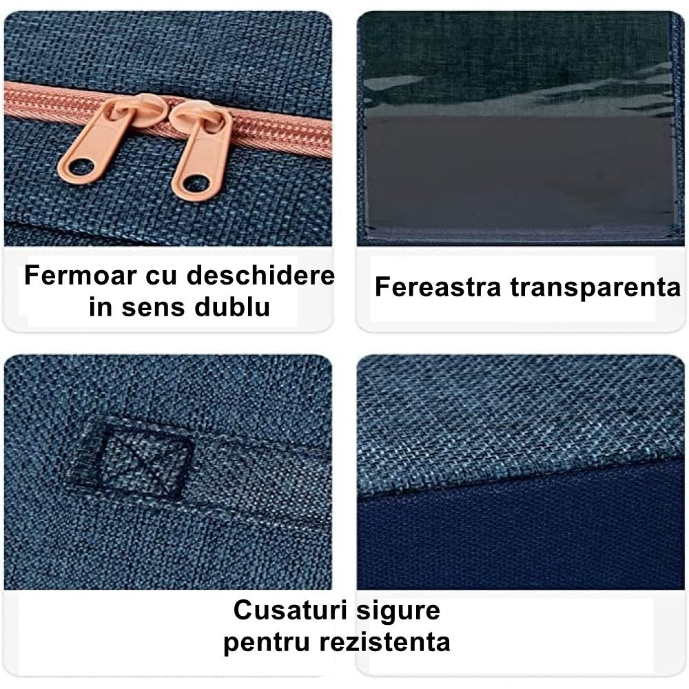 Cutie depozitare pliabila cu sigiliu, AngelBear, Cu Fermoar, 100 L, Textil, 60x42x40 cm, Cadru Metalic, Suport Baza Stabil din Plastic, Albastru Marin cu Doua Ferestre