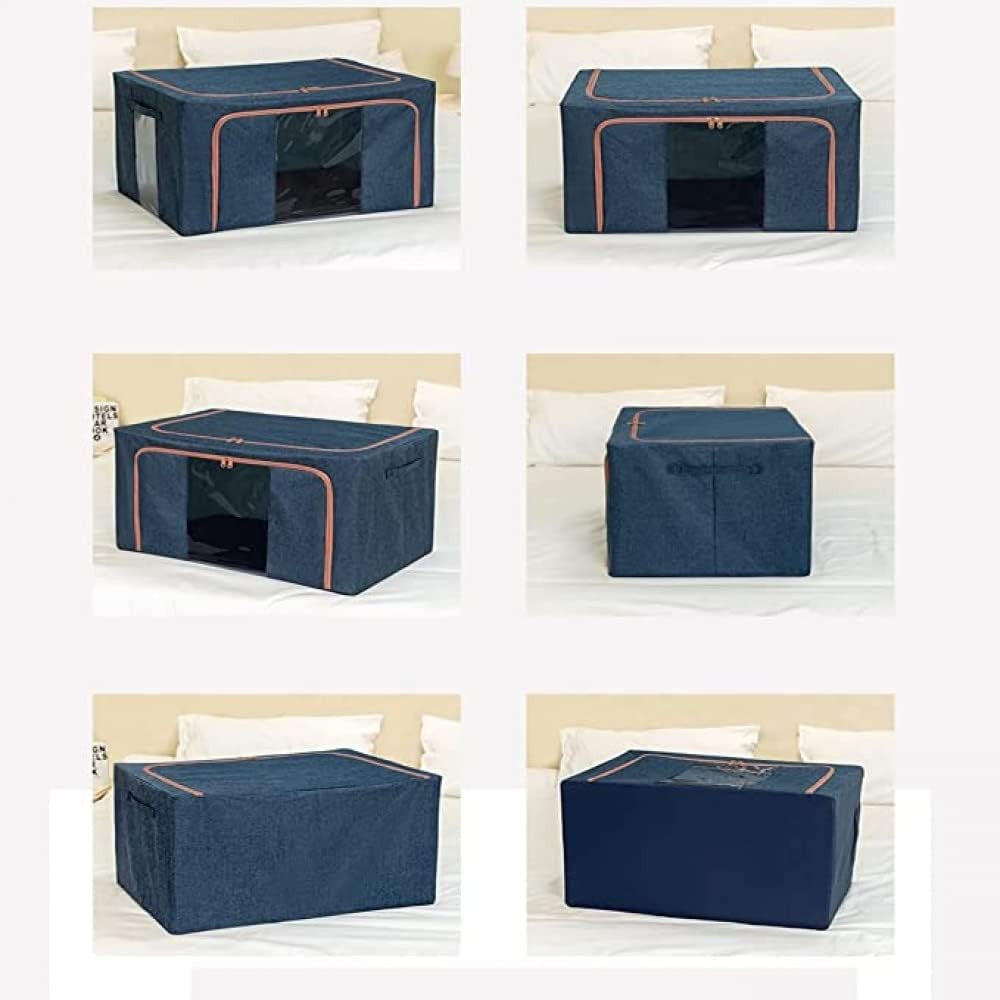 Cutie depozitare pliabila cu sigiliu, AngelBear, Cu Fermoar, 100 L, Textil, 60x42x40 cm, Cadru Metalic, Suport Baza Stabil din Plastic, Albastru Marin cu Doua Ferestre