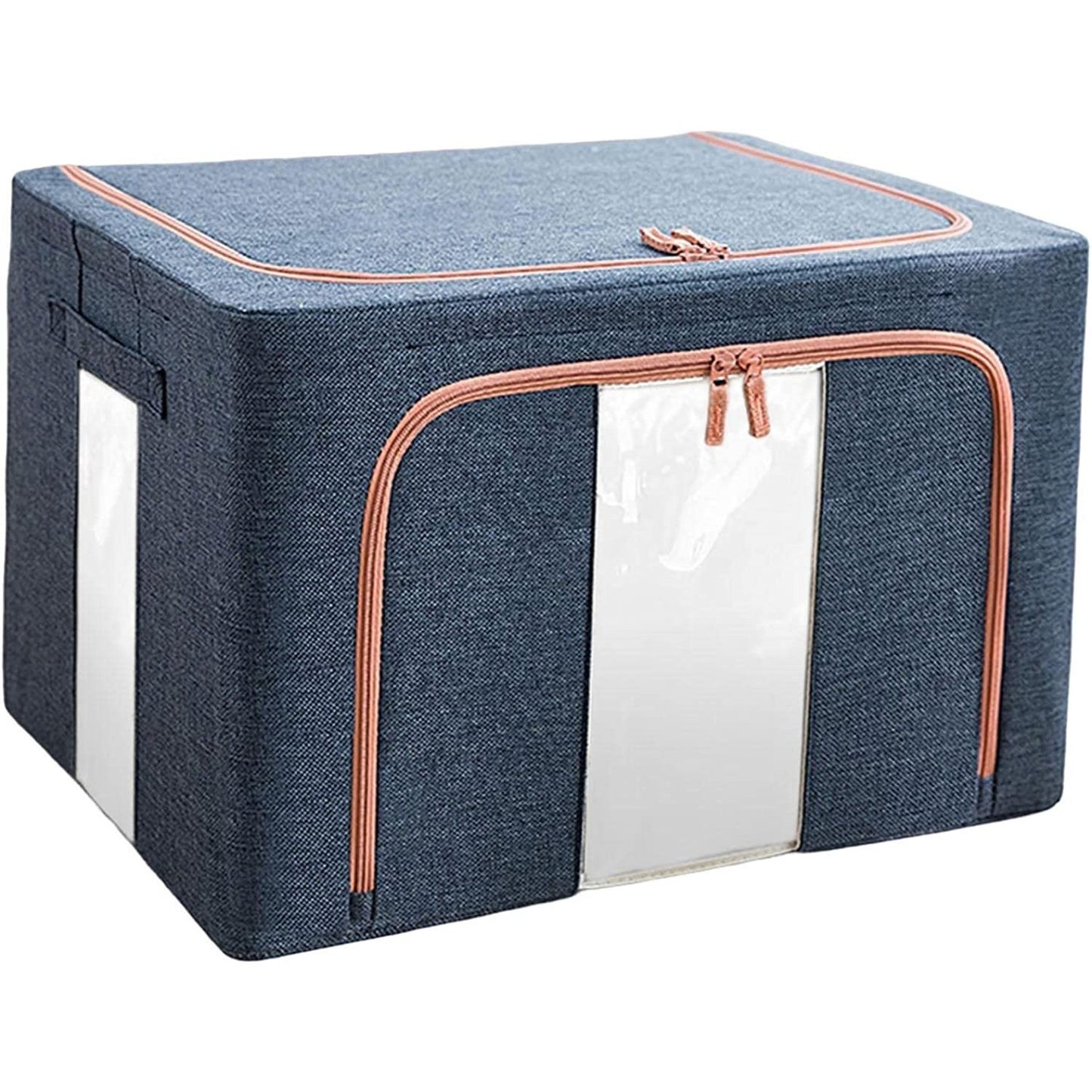 Cutie depozitare pliabila cu sigiliu, AngelBear, Cu Fermoar, 100 L, Textil, 60x42x40 cm, Cadru Metalic, Suport Baza Stabil din Plastic, Albastru Marin cu Doua Ferestre