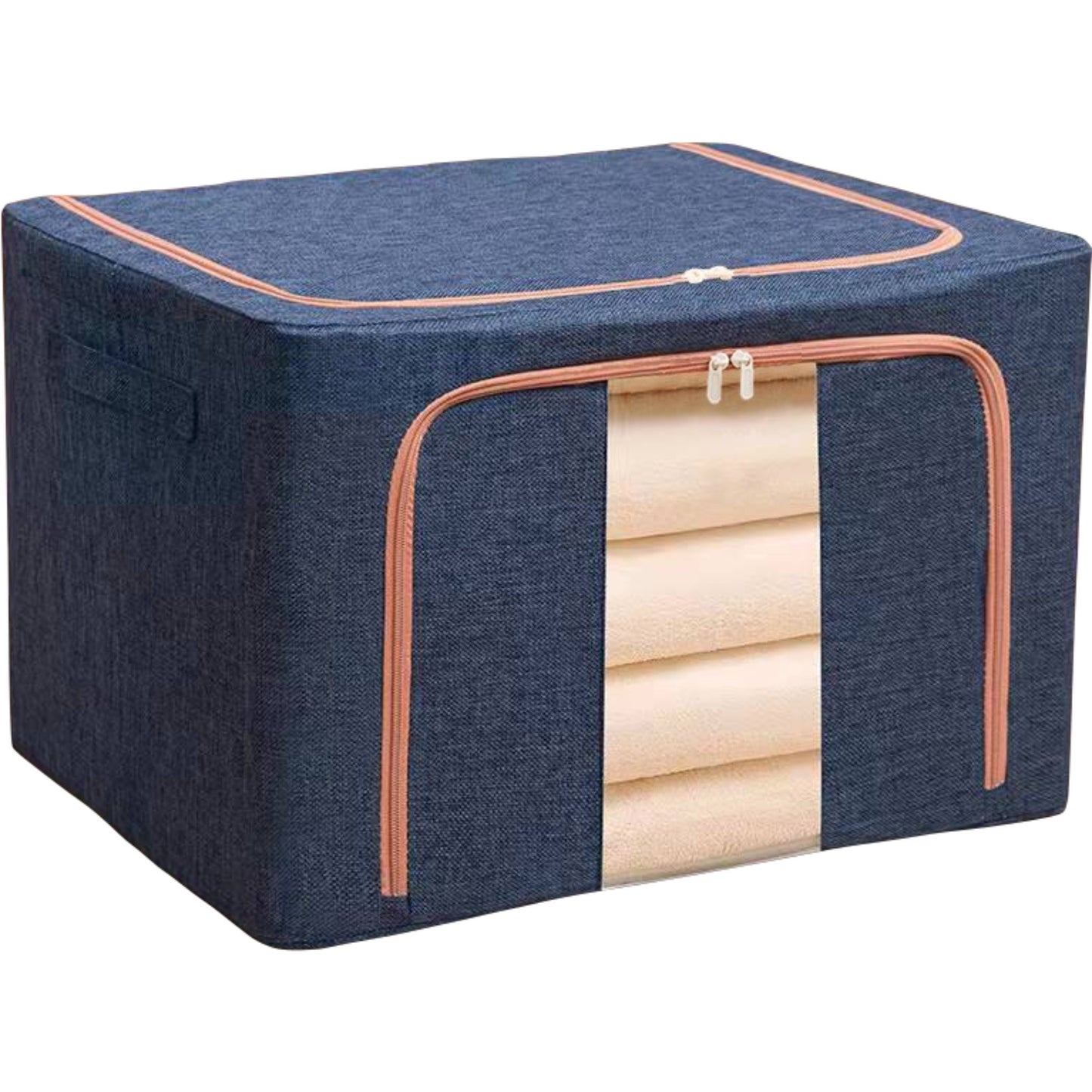 Cutie depozitare pliabila cu sigiliu, AngelBear, Cu fermoar, 100 L, Textil, 60x42x40 cm, Cadru Metalic, Suport Baza Stabil din Plastic, Albastru Marin
