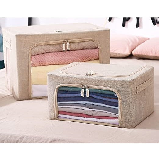 Cutie depozitare pliabila cu sigiliu, AngelBear, Cu fermoar, 100 L, Textil, 60x42x40 cm, Cadru Metalic, Suport Baza Stabil din Plastic, Crem cu Doua Ferestre