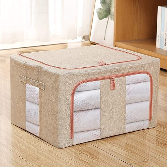 Cutie depozitare pliabila cu sigiliu, AngelBear, Cu fermoar, 100 L, Textil, 60x42x40 cm, Cadru Metalic, Suport Baza Stabil din Plastic, Crem cu Doua Ferestre