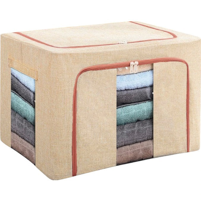 Cutie depozitare pliabila cu sigiliu, AngelBear, Cu fermoar, 100 L, Textil, 60x42x40 cm, Cadru Metalic, Suport Baza Stabil din Plastic, Crem cu Doua Ferestre