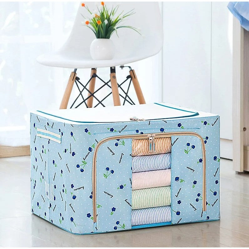 Cutie depozitare pliabila cu sigiliu, AngelBear, 100 L, din Tesatura Oxford, 60x42x40 cm, Fereastra Frontala, 2 Usi de Acces cu Fermoar Bidirectional, Cadru Metalic, Suport Baza Stabil din Plastic, Imprimeu Cirese, Albastru
