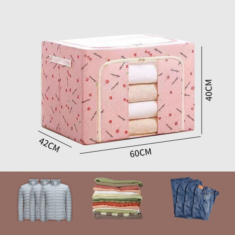 Cutie depozitare pliabila cu sigiliu, AngelBear, Cu Fermoar, 100 L, Textil, 60x42x40 cm, cu Fereastra, Cadru Metalic, Suport Baza Stabil din Plastic, Imprimeu Cirese, Roz