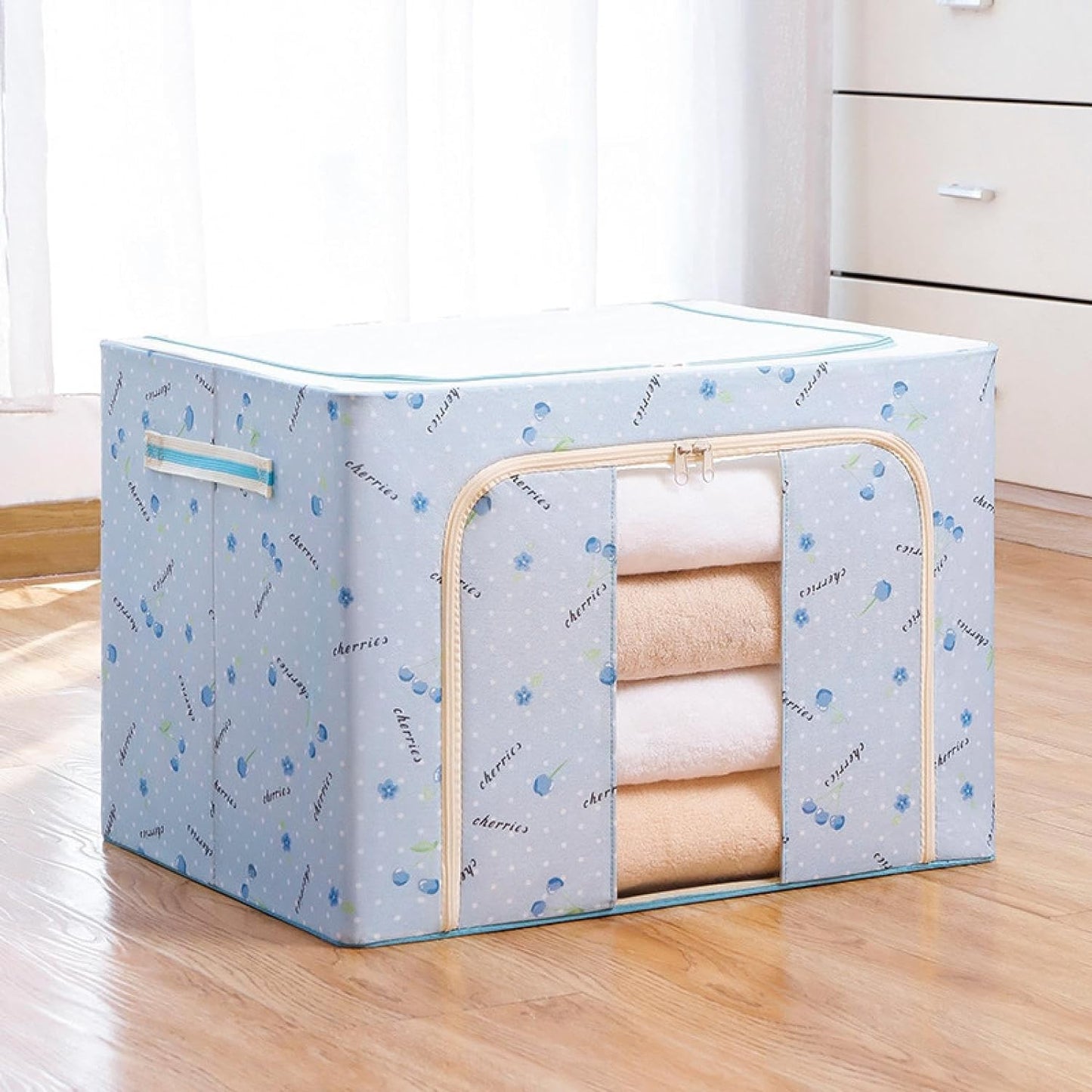 Cutie depozitare pliabila cu sigiliu, AngelBear, 100 L, din Tesatura Oxford, 60x42x40 cm, Fereastra Frontala, 2 Usi de Acces cu Fermoar Bidirectional, Cadru Metalic, Suport Baza Stabil din Plastic, Imprimeu Cirese, Albastru