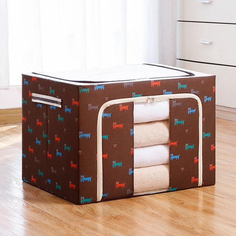 Cutie depozitare pliabila cu sigiliu, AngelBear, cu Fermoar, 100 L, Textil, 60x42x40 cm, O Fereastra, Cadru Metalic, Suport Baza Stabil din Plastic, Imprimeu Catelusi, Maro