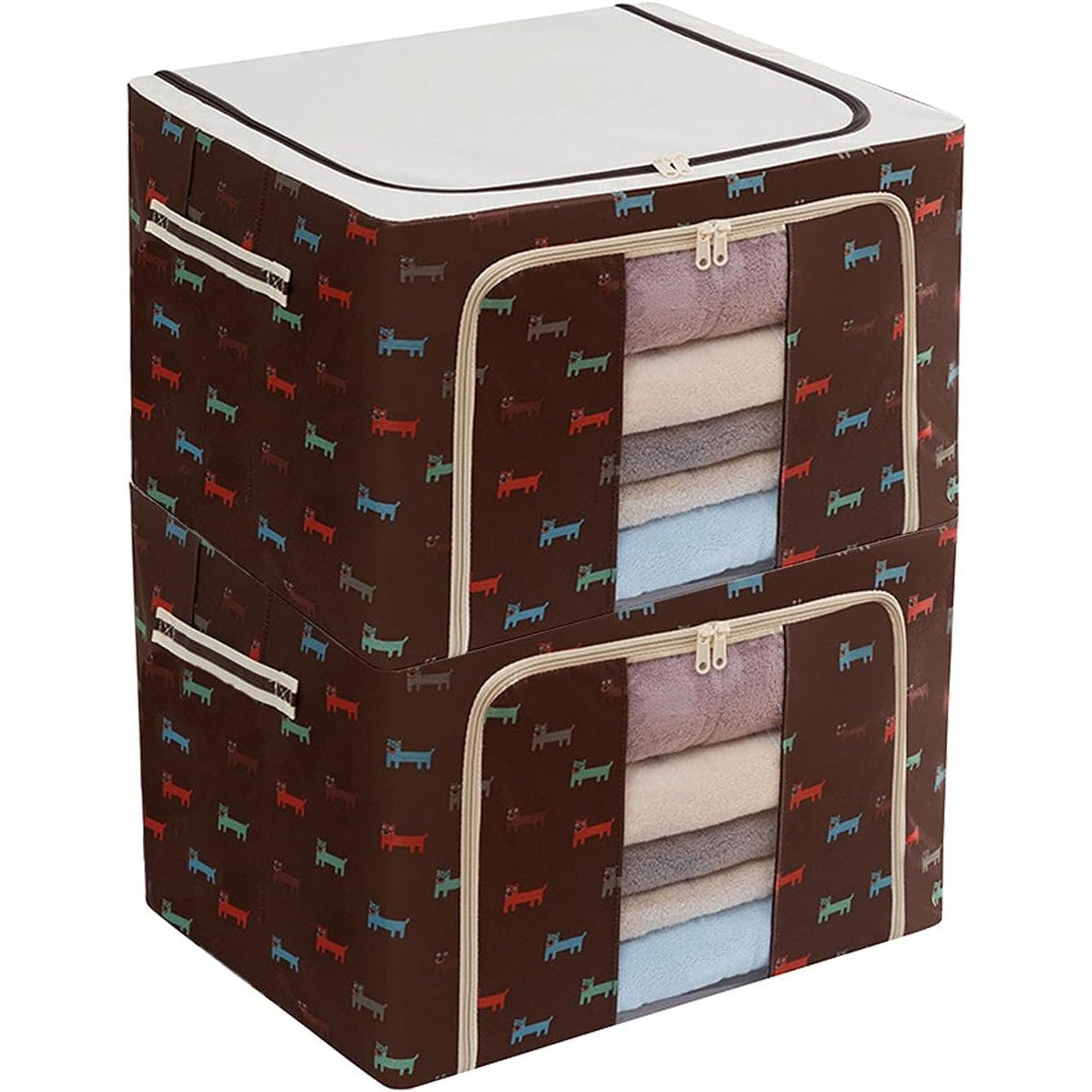 Cutie depozitare pliabila cu sigiliu, AngelBear, cu Fermoar, 100 L, Textil, 60x42x40 cm, O Fereastra, Cadru Metalic, Suport Baza Stabil din Plastic, Imprimeu Catelusi, Maro