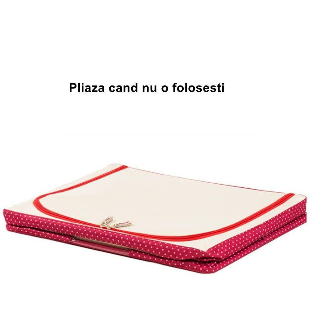 Cutie depozitare pliabila cu sigiliu, AngelBear, cu Fermoar, 100 L, Textil, 60x42x40 cm, O Fereastra, Cadru Metalic, Suport Baza Stabil din Plastic, imprimeu punctat, Rosu