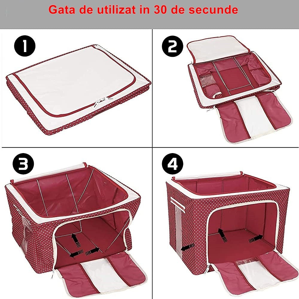 Cutie depozitare pliabila cu sigiliu, AngelBear, cu Fermoar, 100 L, Textil, 60x42x40 cm, O Fereastra, Cadru Metalic, Suport Baza Stabil din Plastic, imprimeu punctat, Rosu