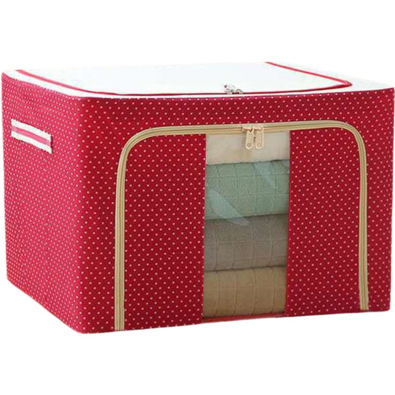 Cutie depozitare pliabila cu sigiliu, AngelBear, cu Fermoar, 100 L, Textil, 60x42x40 cm, O Fereastra, Cadru Metalic, Suport Baza Stabil din Plastic, imprimeu punctat, Rosu