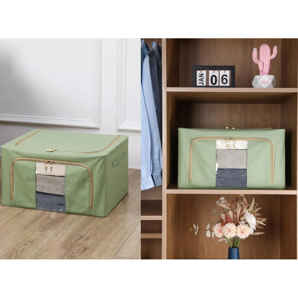 Cutie depozitare pliabila cu sigiliu, AngelBear, Cu fermoar, 100 L, Textil, 60x42x40 cm, Cadru Metalic, Suport Baza Stabil din Plastic, Verde
