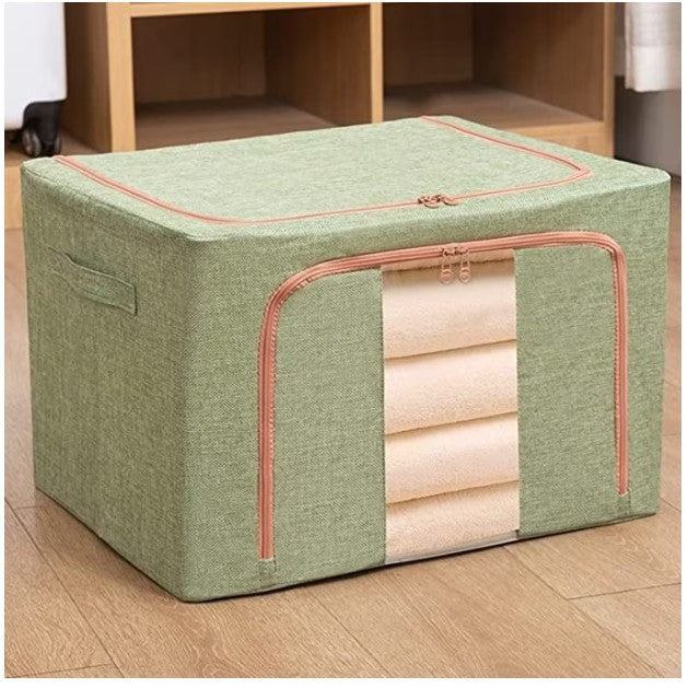 Cutie depozitare pliabila cu sigiliu, AngelBear, Cu fermoar, 100 L, Textil, 60x42x40 cm, Cadru Metalic, Suport Baza Stabil din Plastic, Verde